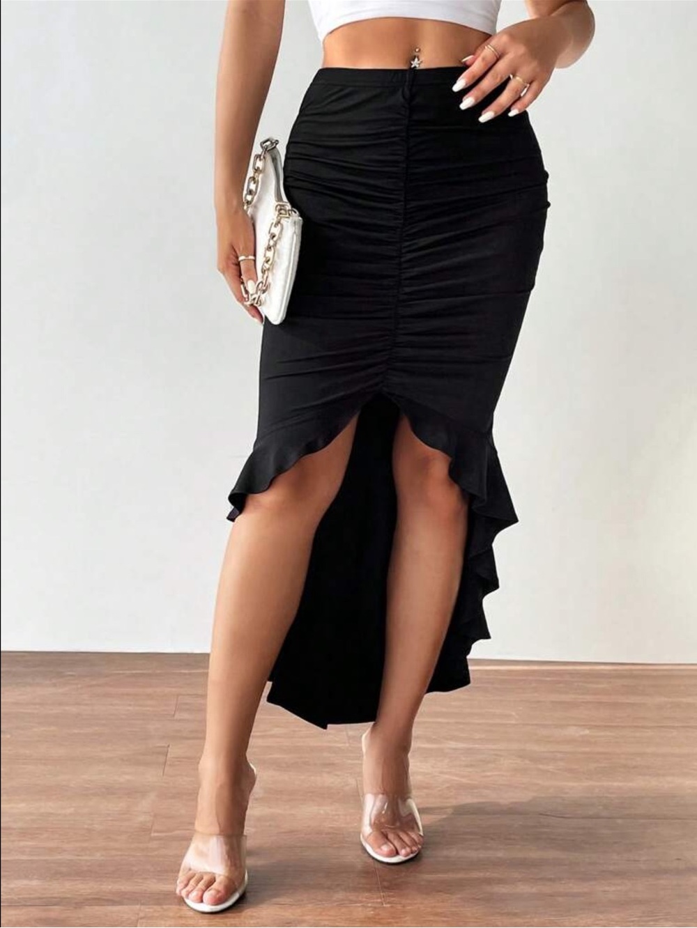 Black Ruffle High-Low Midi Skirt - - Picture 5 of 5